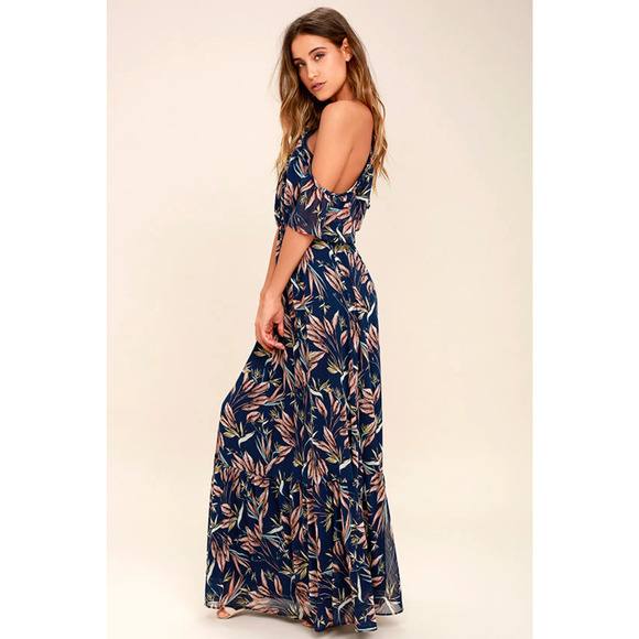 Lulus Maxi Dress Small Blue Tropical Floral Off Shoulder Halter Trip to Paradise - Picture 12 of 12